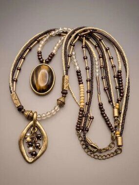 Chico’s Layered Necklace Brown Gold Boho Multi Strand Statement